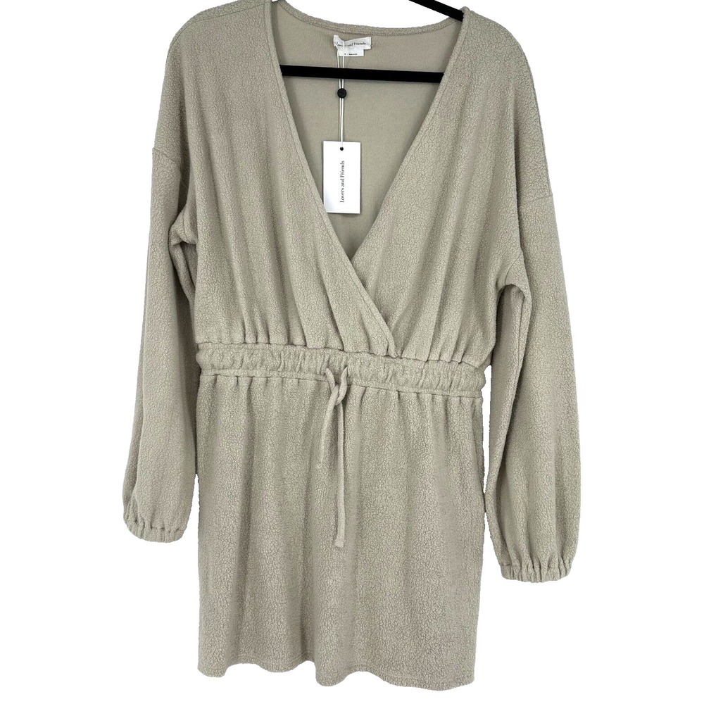 NWT Lovers & Friends Long Sleeve Drawstring Waist Sweater Mini Dress Tan XL - Picture 2 of 8